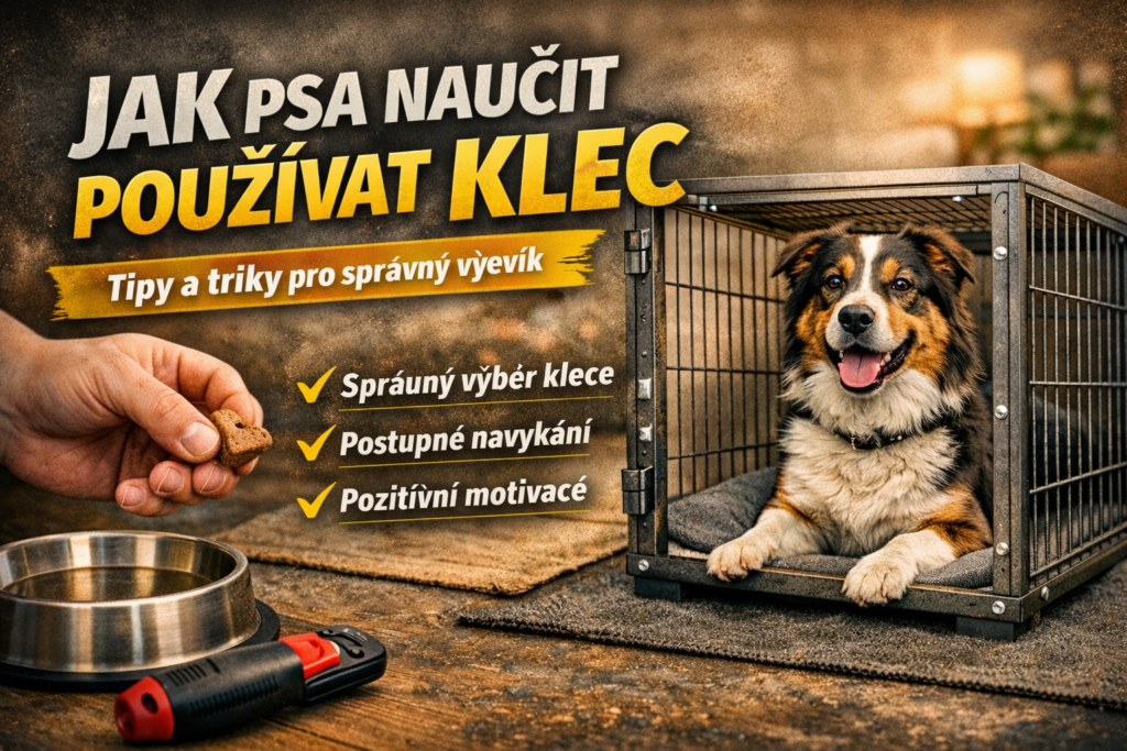 Jak naučit psa používat klec – pes leží v psí kleci a majitel ho motivuje pamlskem během výcviku