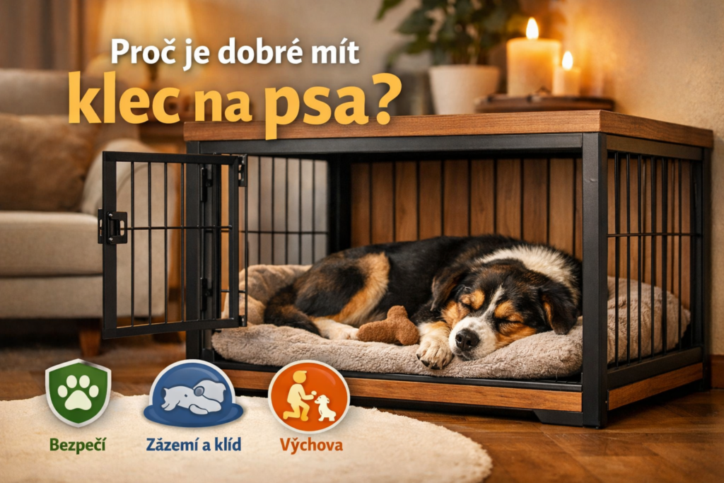 Pes odpočívající v moderní kleci s měkkým pelíškem v útulném domácím interiéru – ilustrace článku o výhodách klece pro psa.