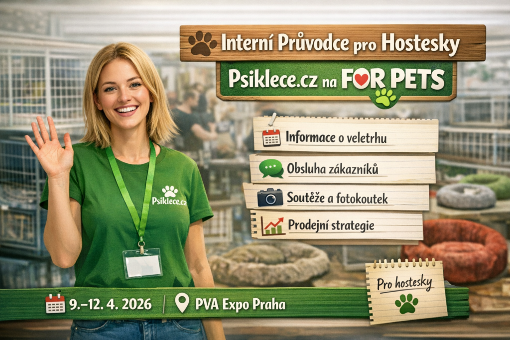 Hosteska Psiklece.cz vítá návštěvníky na veletrhu For Pets 2026. Produkty stánku: klece, pelechy, vodítka. Soutěže a fotokoutek.